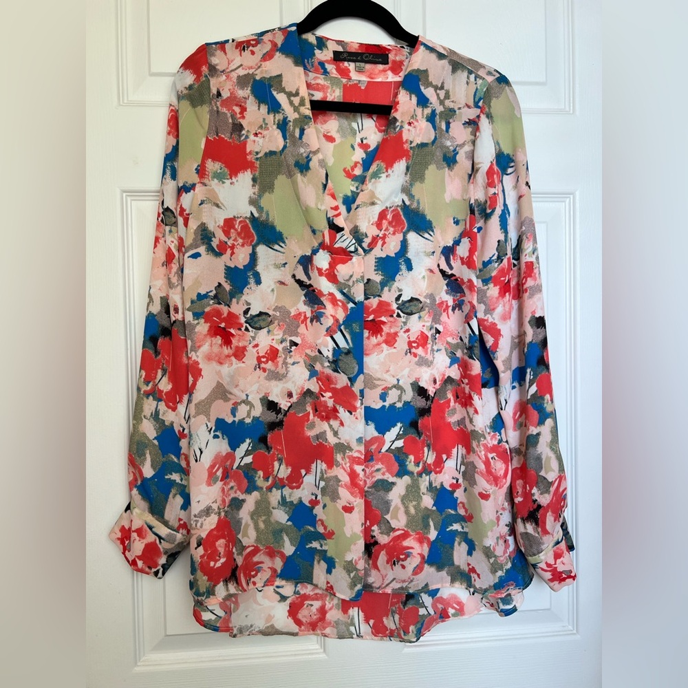 Rose & Olive Floral V-Neck Button Front Blouse in Red, Blue, Green, Pink